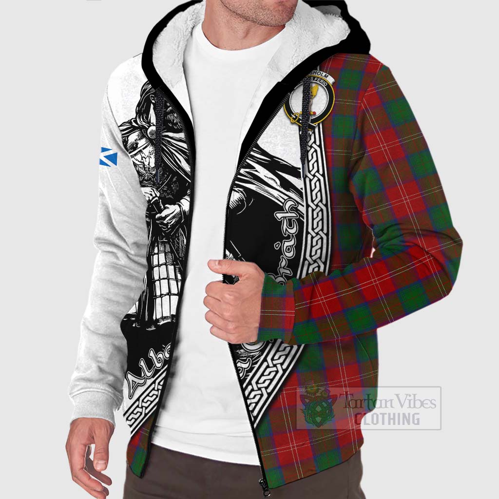 Tartan Vibes Clothing Chisholm Tartan Clan Crest Sherpa Hoodie with Highlander Warrior Celtic Style