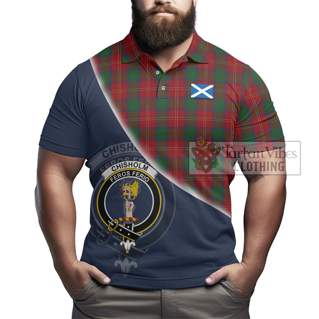 Chisholm Tartan Polo Shirt with Personalised National Flag and Family Crest Half Style - Tartanvibesclothing Shop