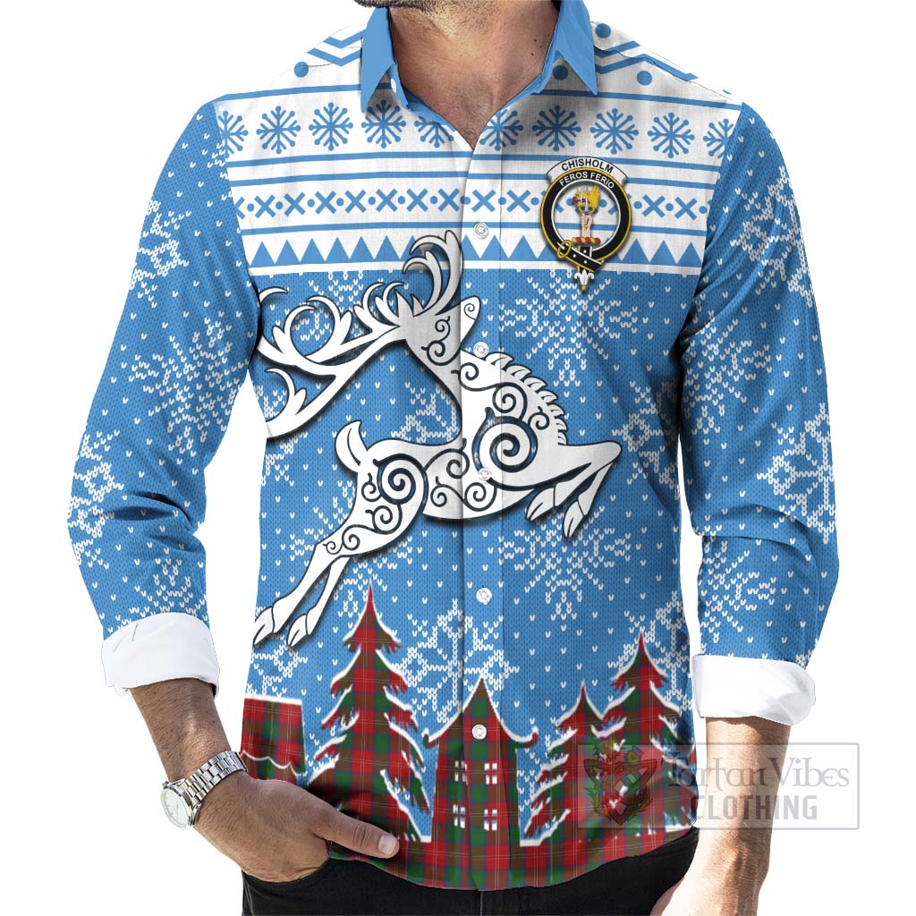 Tartan Vibes Clothing Chisholm Clan Christmas Long Sleeve Button Shirt Celtic Reindeer Style