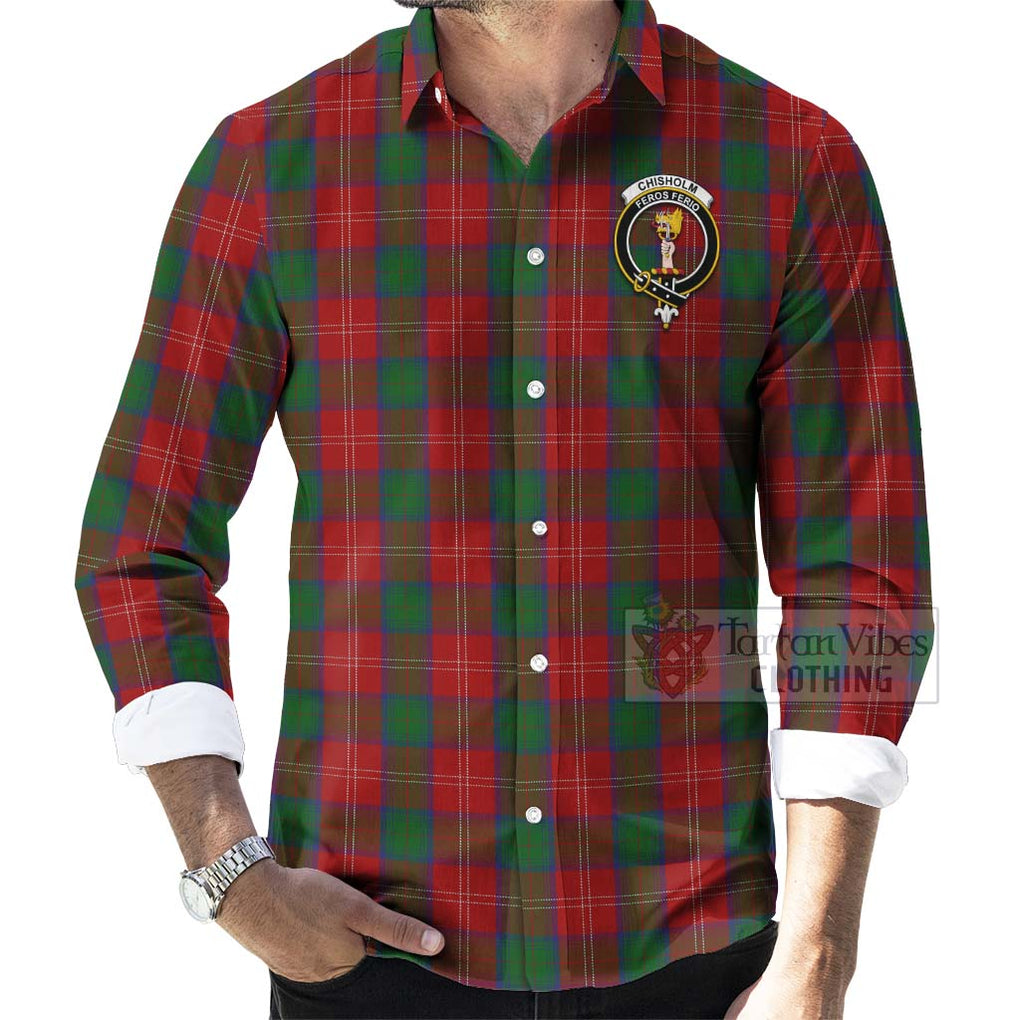 Tartan Vibes Clothing Chisholm Tartan Long Sleeve Button Shirt with Family Crest Celtic Skull Style