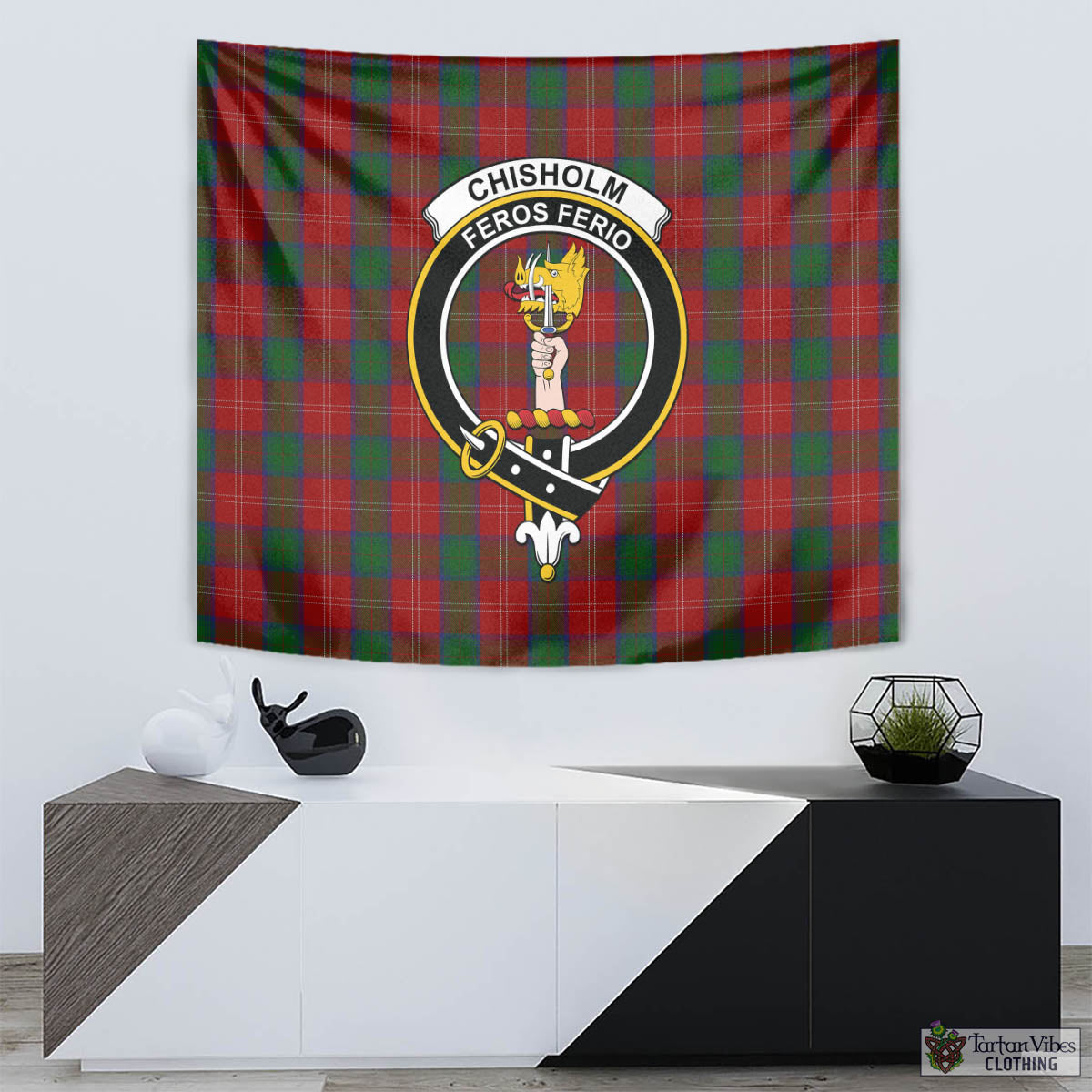 Tartan Vibes Clothing Chisholm Tartan Tapestry Wall Hanging and Home Decor for Room with Family Crest