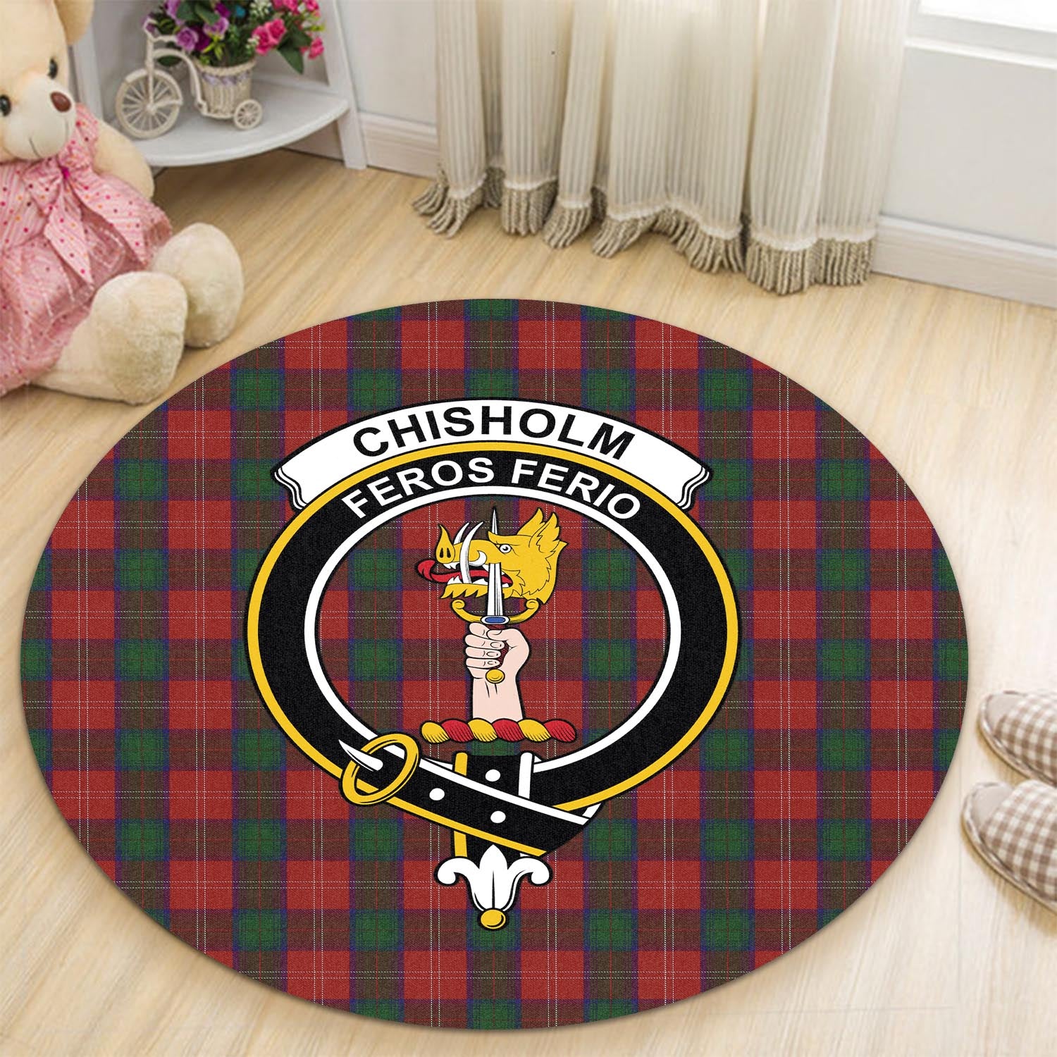 Chisholm Tartan Round Rug with Family Crest - Tartanvibesclothing