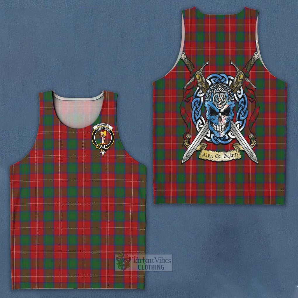 Tartan Vibes Clothing Chisholm Tartan Men's Tank Top with Family Crest Celtic Skull Style