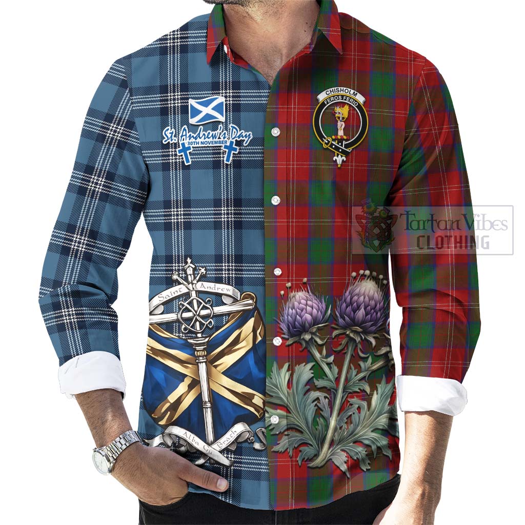 Tartan Vibes Clothing Chisholm Tartan Long Sleeve Button Shirt Happy St. Andrew's Day Half Tartan Style