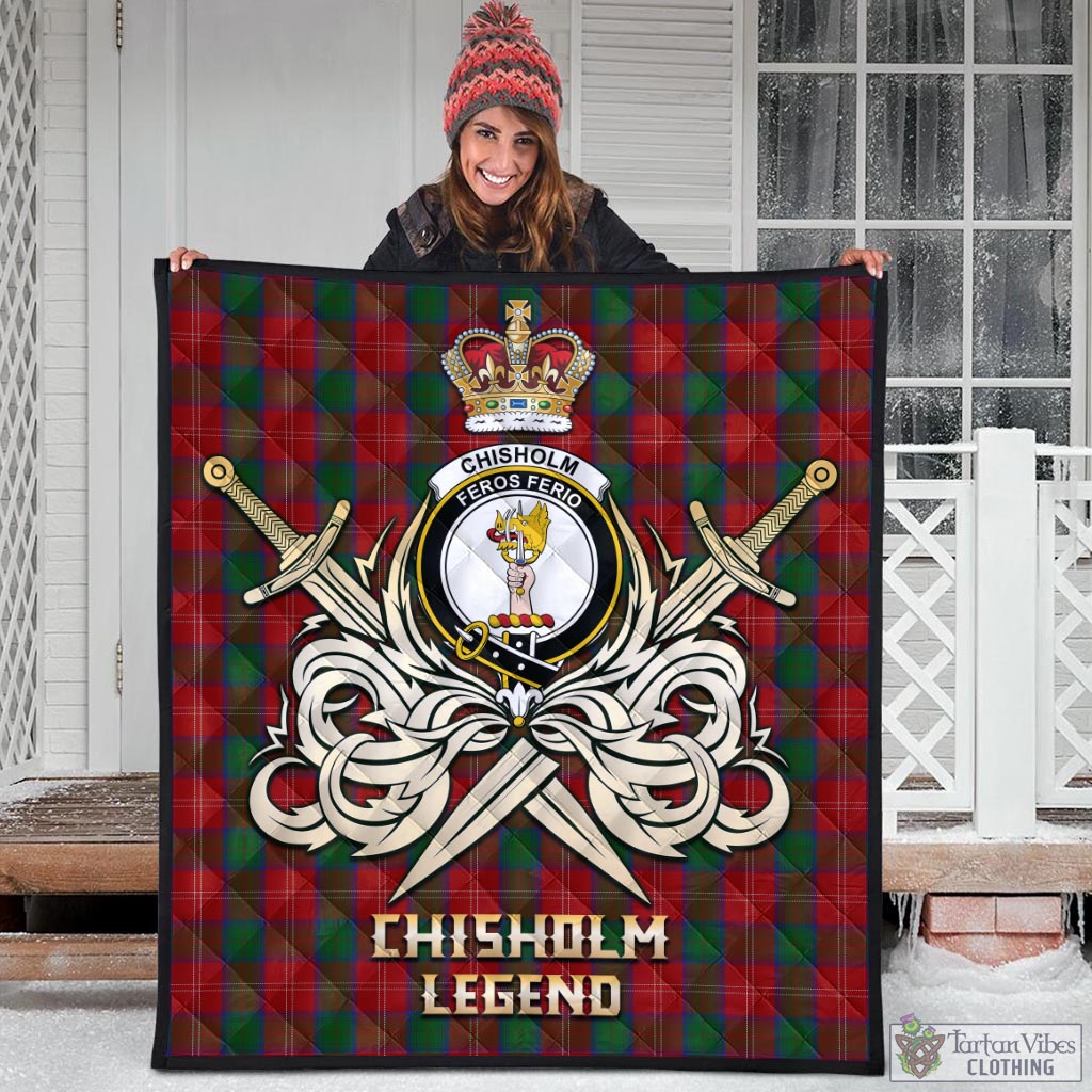 Tartan Vibes Clothing Chisholm Tartan Quilt with Clan Crest and the Golden Sword of Courageous Legacy