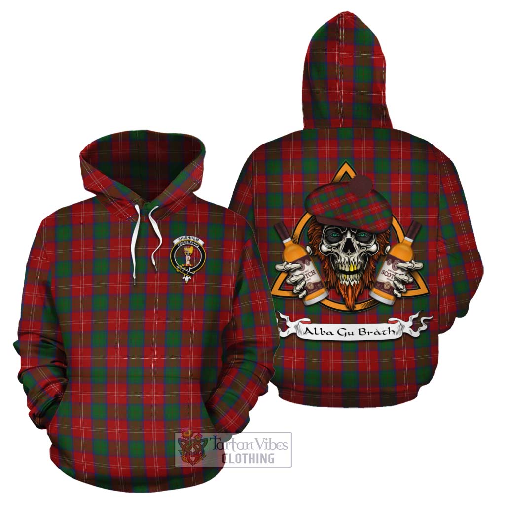 Tartan Vibes Clothing Chisholm Tartan Cotton Hoodie with Family Crest and Bearded Skull Holding Bottles of Whiskey