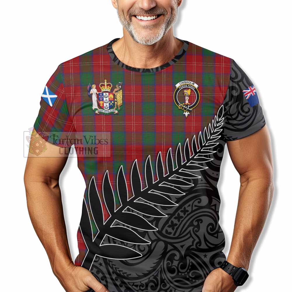 Tartan Vibes Clothing Chisholm Crest Tartan T-Shirt with New Zealand Silver Fern Half Style