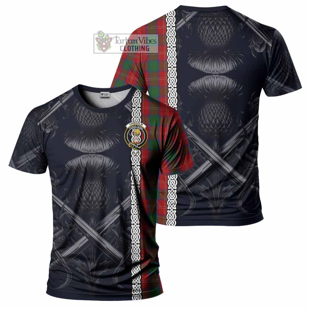 Tartan Vibes Clothing Chisholm Tartan T-Shirt with Family Crest Cross Sword Thistle Celtic Vibes