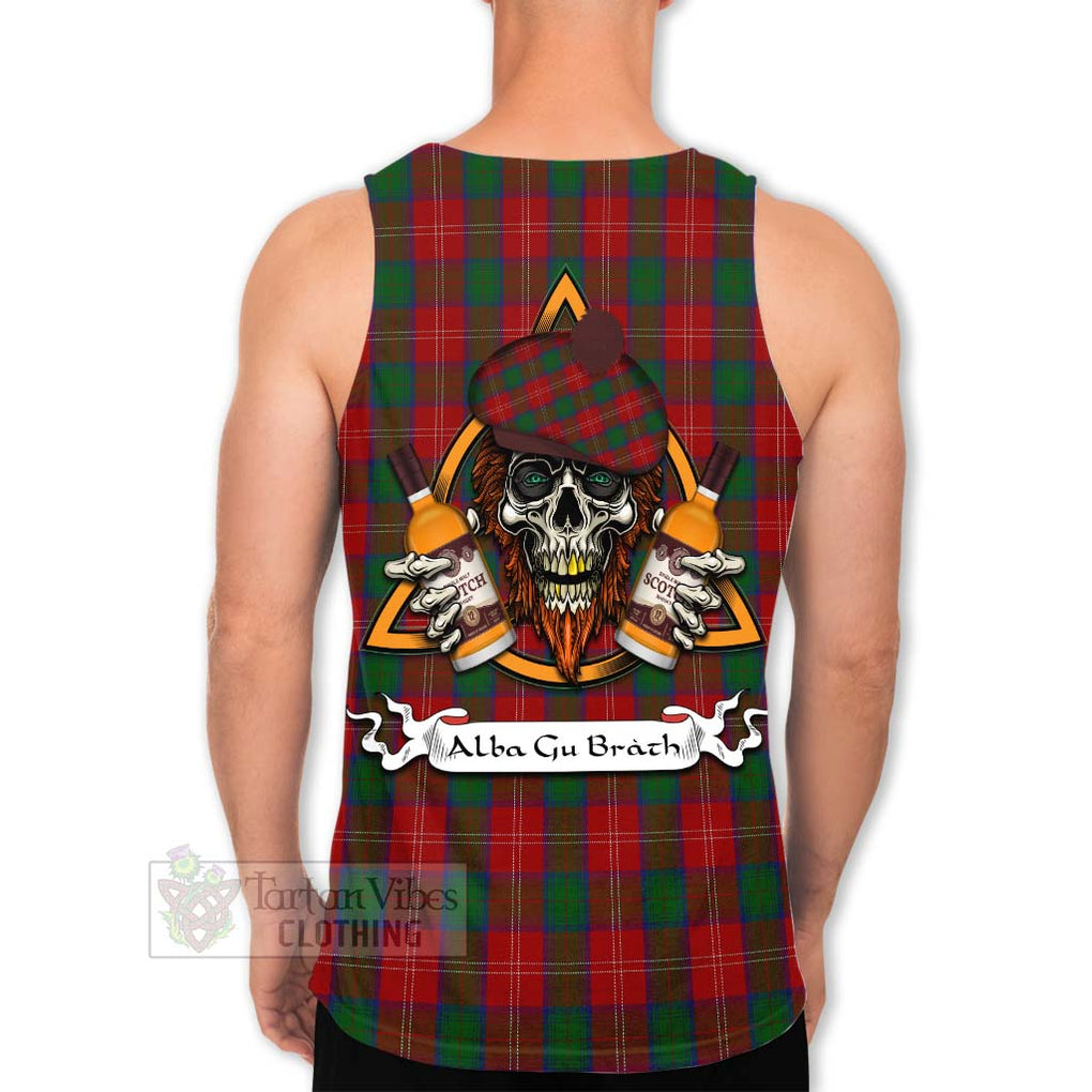 Tartan Vibes Clothing Chisholm Tartan Men's Tank Top with Family Crest and Bearded Skull Holding Bottles of Whiskey