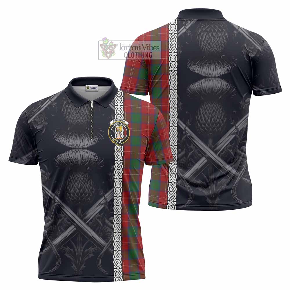 Tartan Vibes Clothing Chisholm Tartan Zipper Polo Shirt with Family Crest Cross Sword Thistle Celtic Vibes