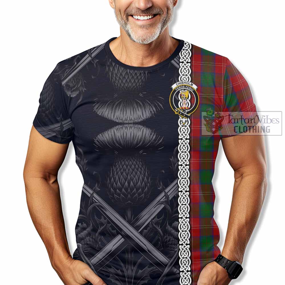 Tartan Vibes Clothing Chisholm Tartan T-Shirt with Family Crest Cross Sword Thistle Celtic Vibes