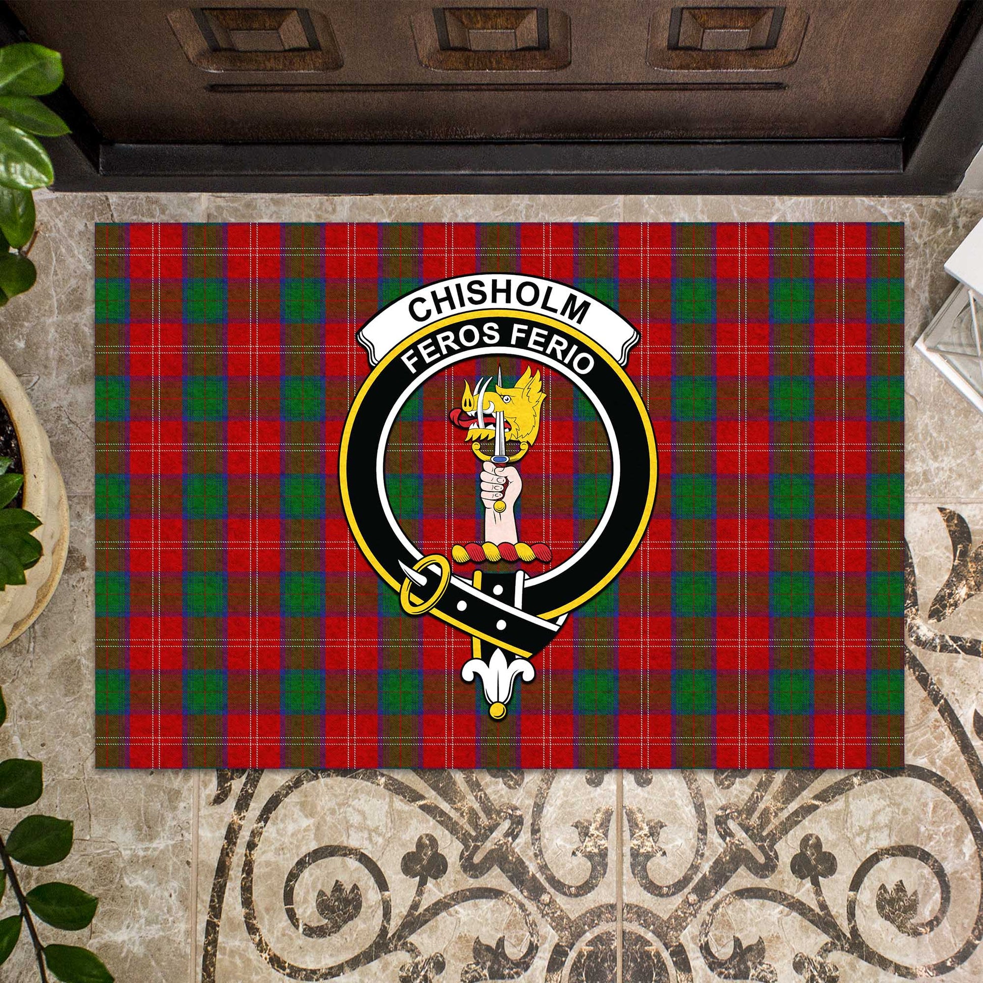 Chisholm Tartan Door Mat with Family Crest - Tartanvibesclothing