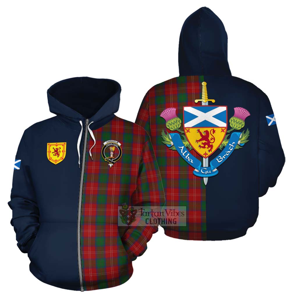 Tartan Vibes Clothing Chisholm Tartan Cotton Hoodie Alba with Scottish Lion Royal Arm Half Style