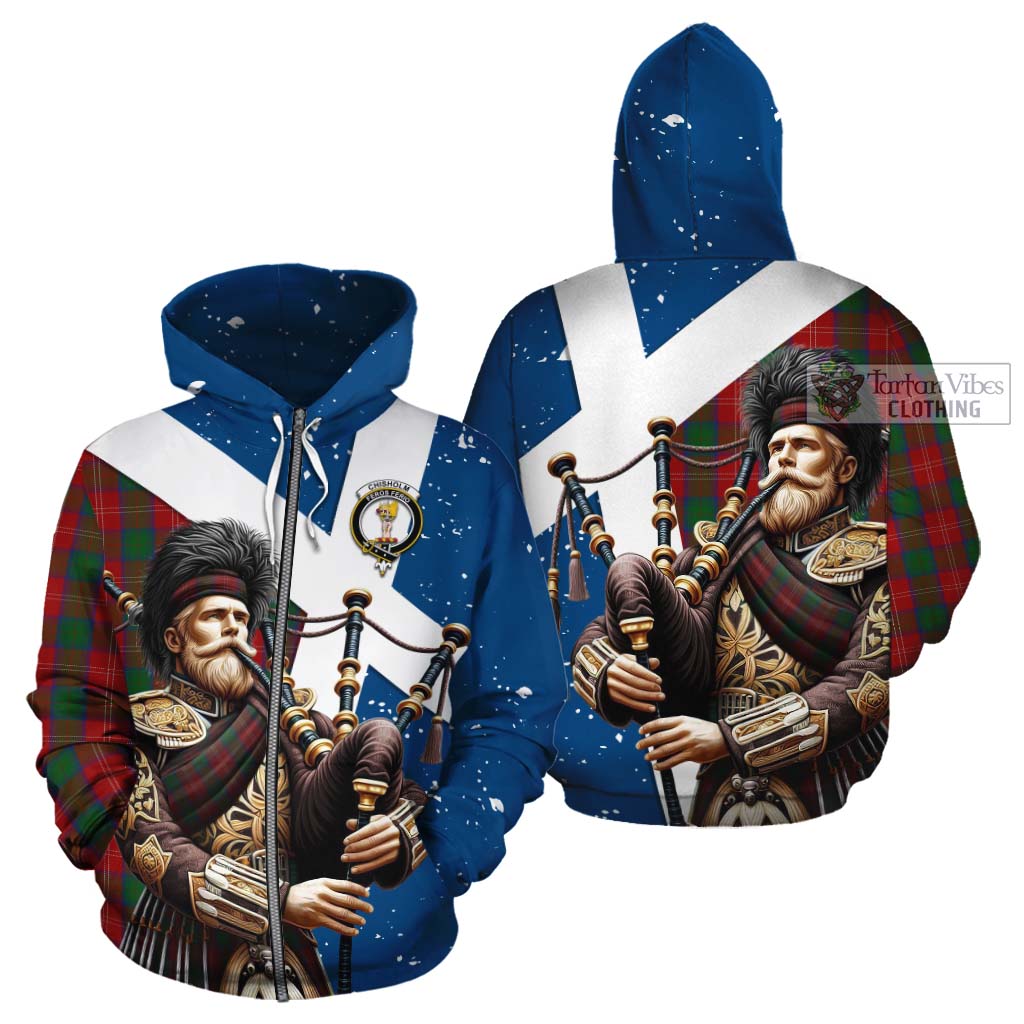 Tartan Vibes Clothing Chisholm Tartan Cotton Hoodie with Family Crest Scottish Bagpiper Vibes