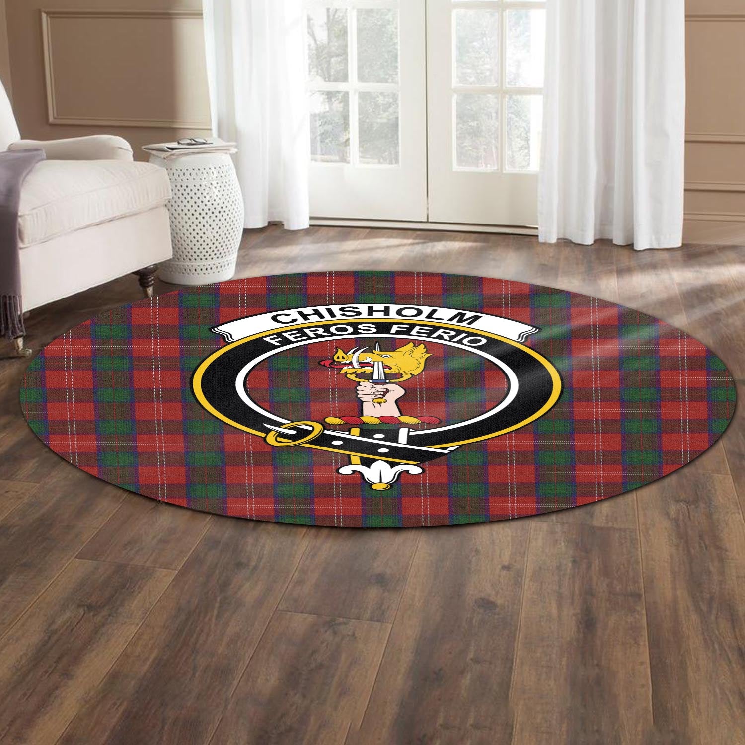 Chisholm Tartan Round Rug with Family Crest - Tartanvibesclothing