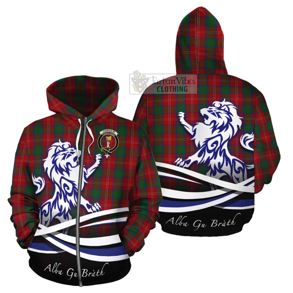 Tartan Vibes Clothing Chisholm Tartan Cotton Hoodie with Alba Gu Brath Regal Lion Emblem