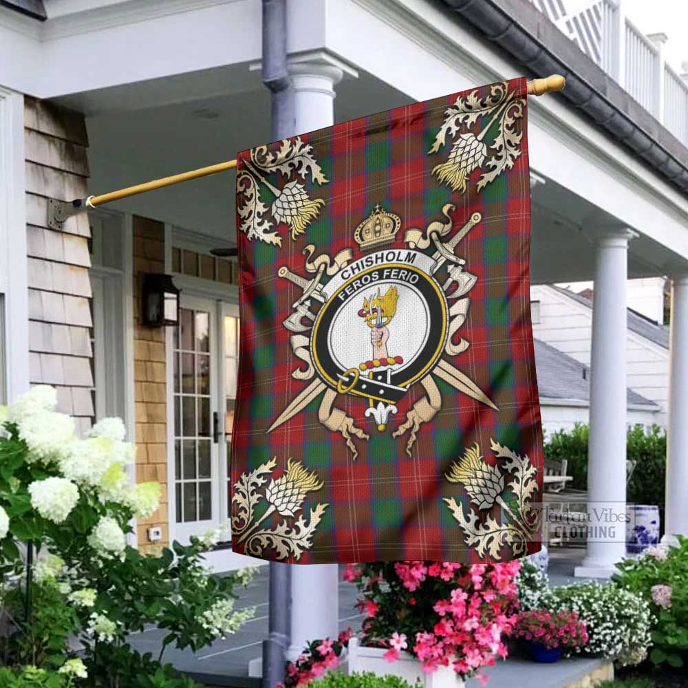 Tartan Vibes Clothing Chisholm Tartan Flag with Family Crest and Golden Thistle Crossed Sword Design