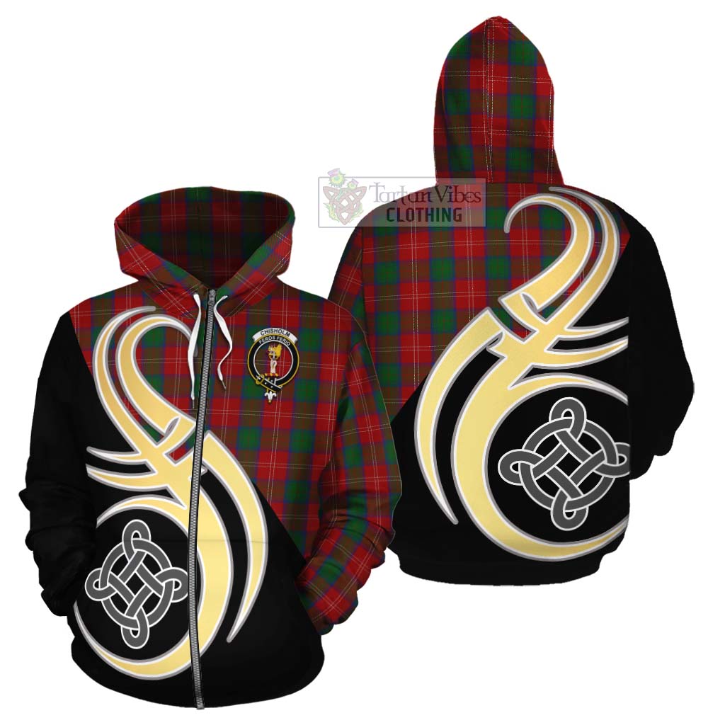 Tartan Vibes Clothing Chisholm Tartan Cotton Hoodie with Family Crest and Celtic Symbol Style