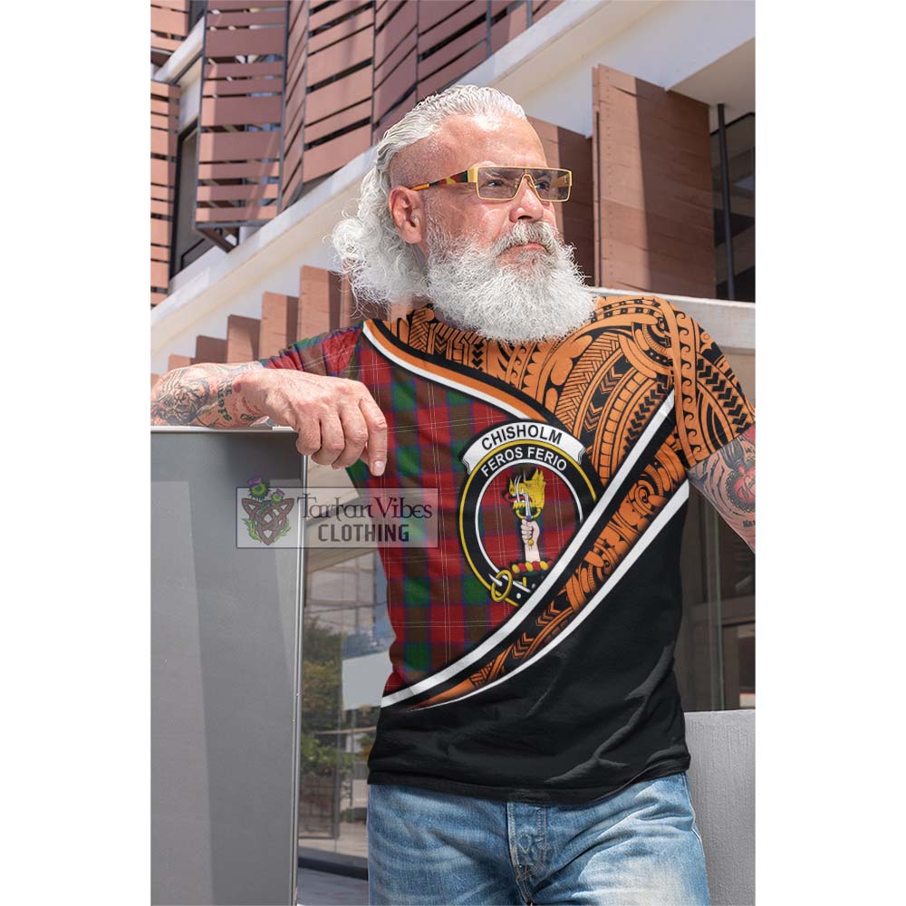 Tartan Vibes Clothing Chisholm Crest Tartan Cotton T-shirt with Maori Tattoo Style - Orange Version