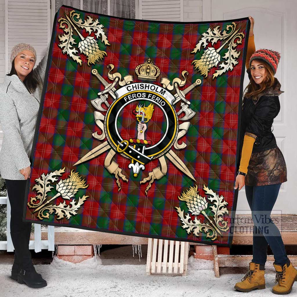 Tartan Vibes Clothing Chisholm Tartan Quilt with Family Crest and Scottish Golden Courage Shield