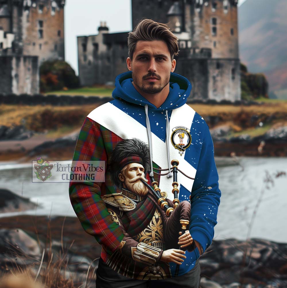 Tartan Vibes Clothing Chisholm Tartan Cotton Hoodie with Family Crest Scottish Bagpiper Vibes