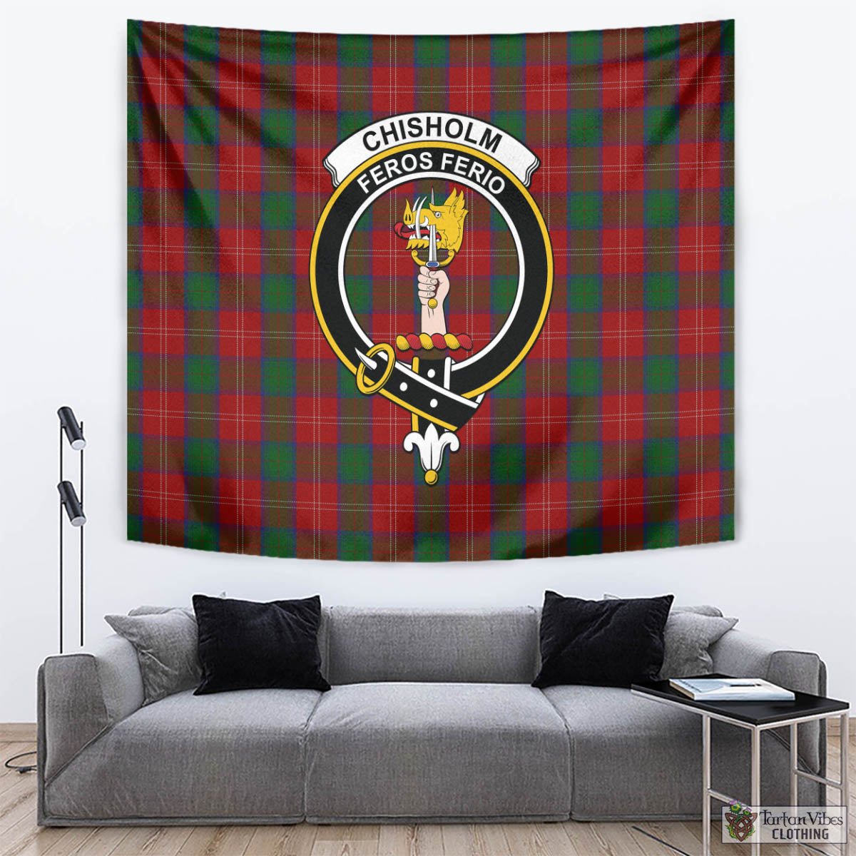 Tartan Vibes Clothing Chisholm Tartan Tapestry Wall Hanging and Home Decor for Room with Family Crest