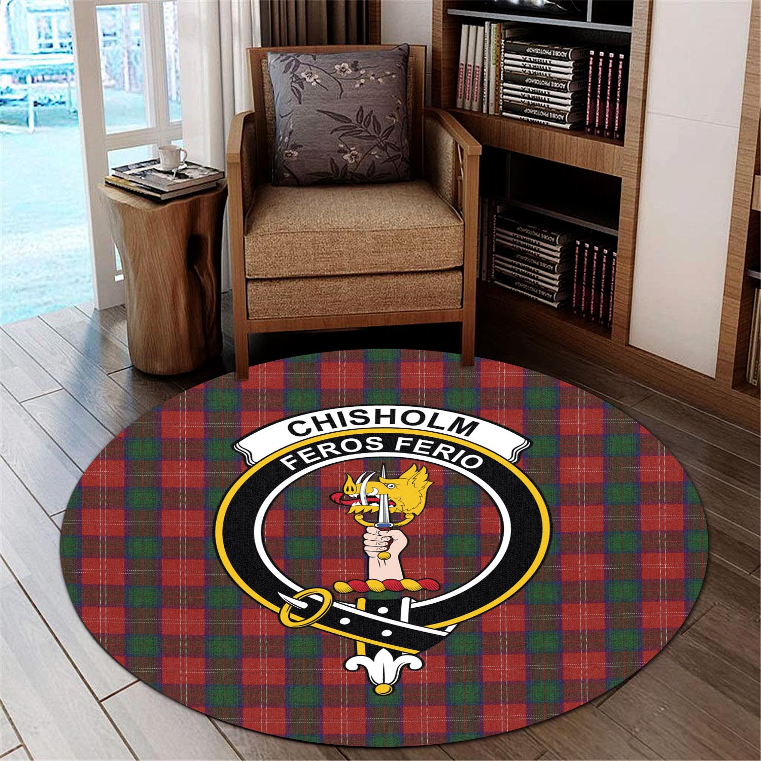 Chisholm Tartan Round Rug with Family Crest - Tartanvibesclothing