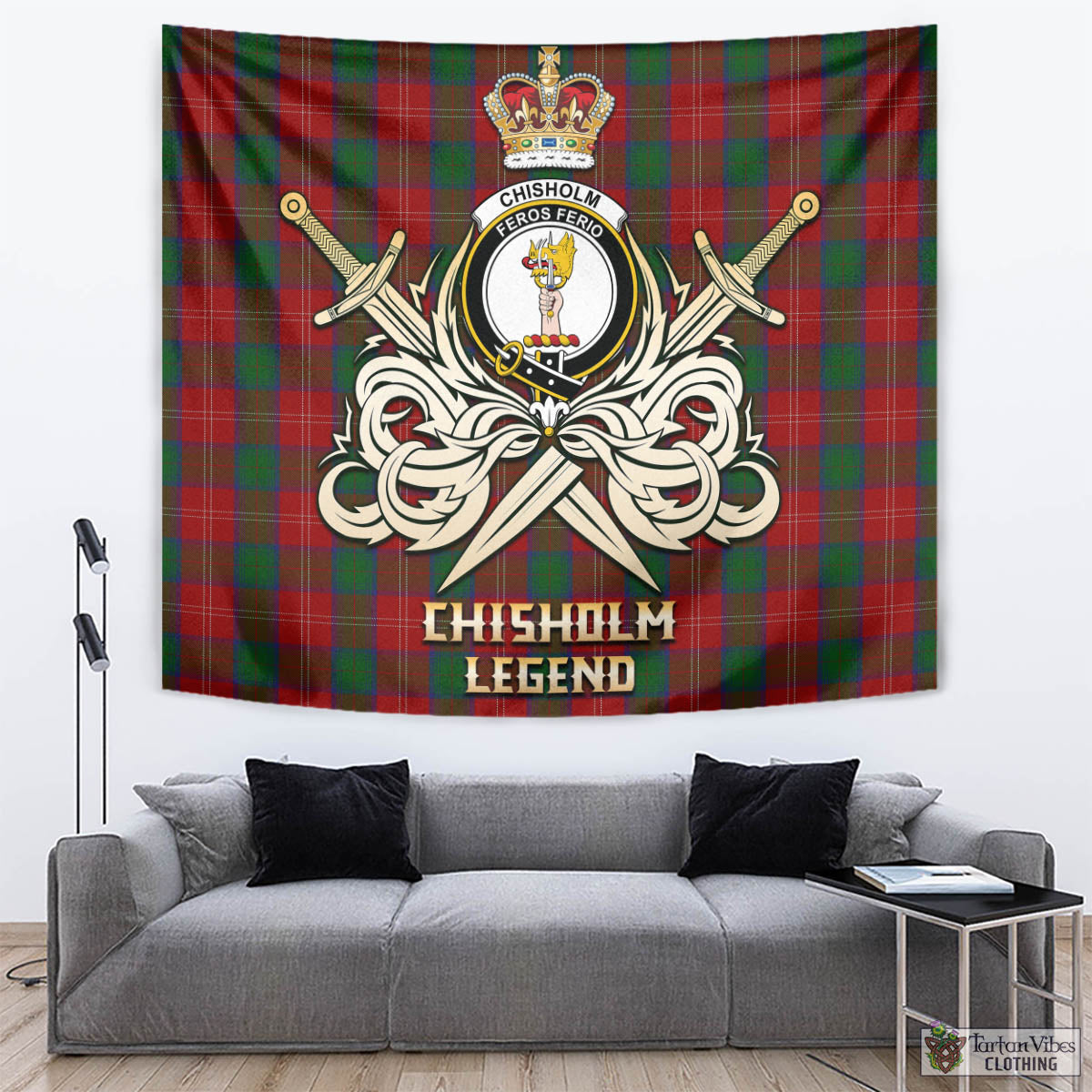 Tartan Vibes Clothing Chisholm Tartan Tapestry with Clan Crest and the Golden Sword of Courageous Legacy