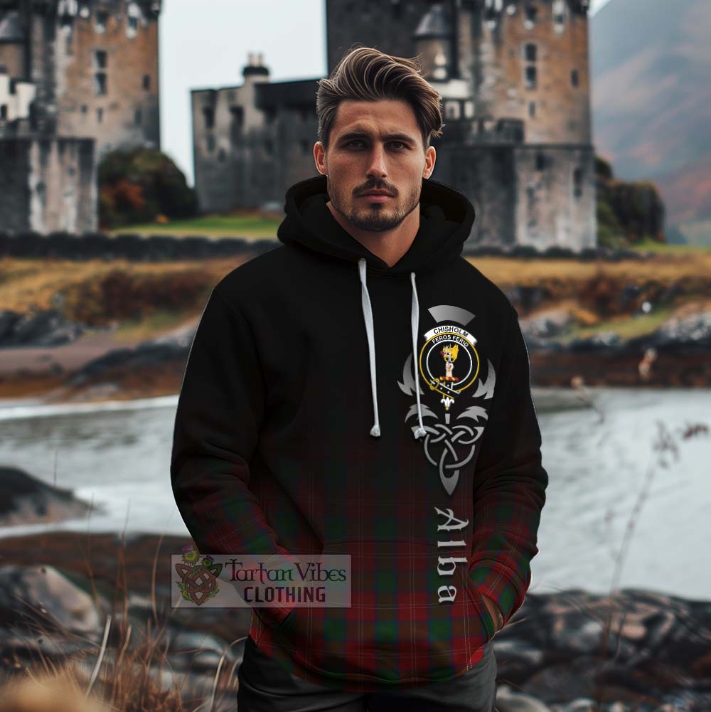 Tartan Vibes Clothing Chisholm Tartan Cotton Hoodie Featuring Alba Gu Brath Family Crest Celtic Inspired