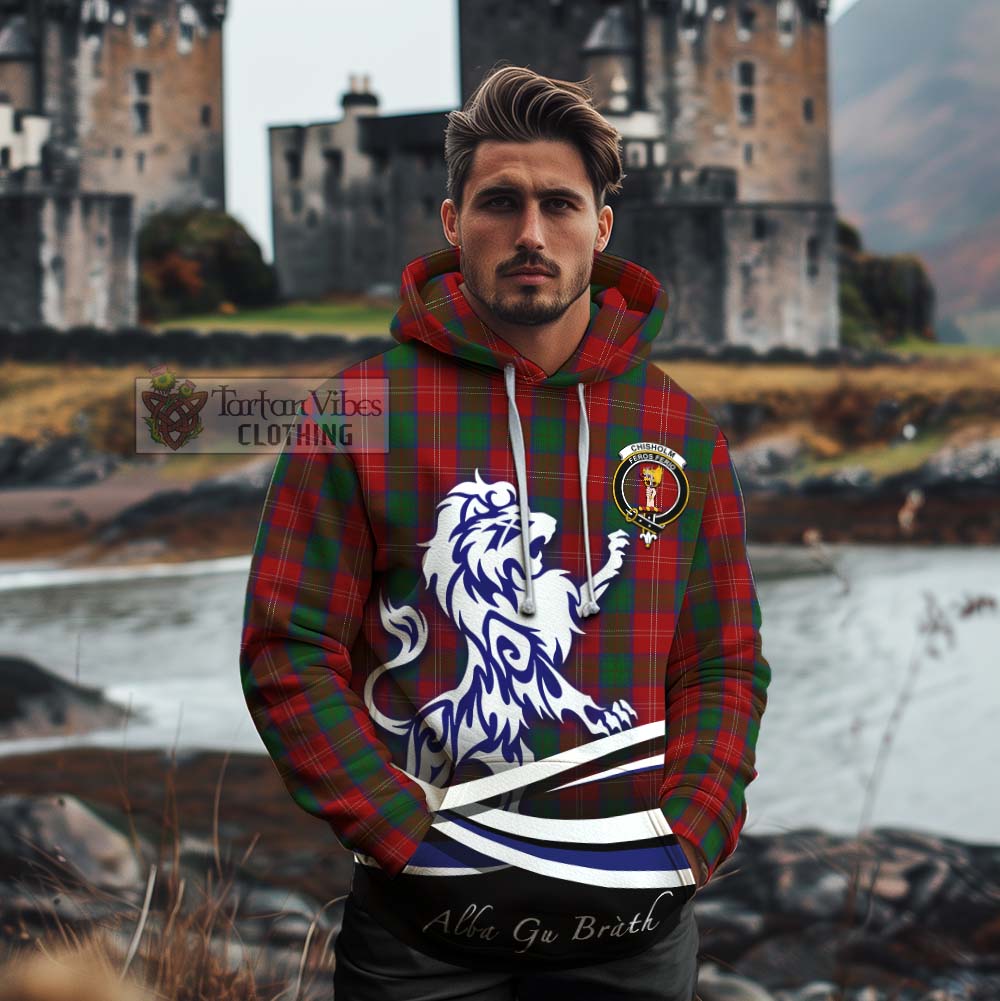 Tartan Vibes Clothing Chisholm Tartan Cotton Hoodie with Alba Gu Brath Regal Lion Emblem