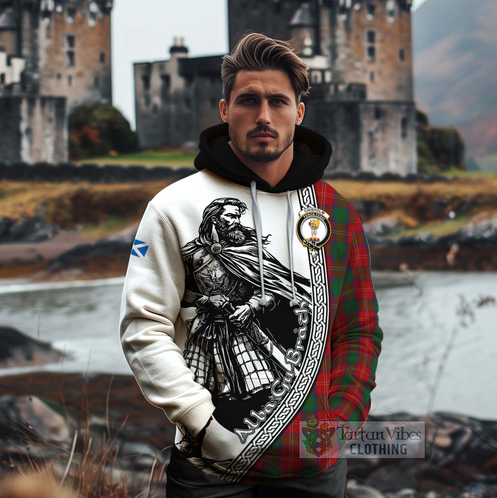 Tartan Vibes Clothing Chisholm Tartan Clan Crest Cotton Hoodie with Highlander Warrior Celtic Style