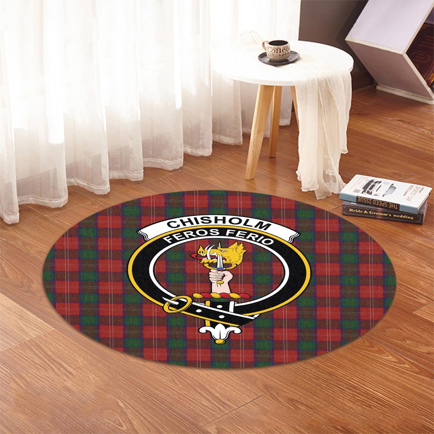 Chisholm Tartan Round Rug with Family Crest - Tartanvibesclothing