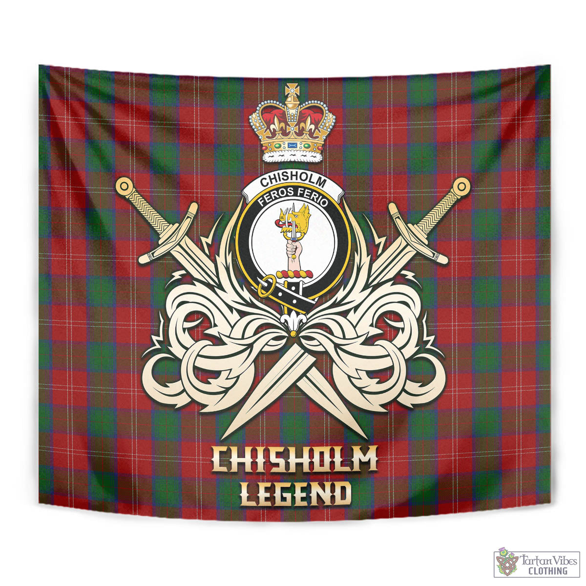 Tartan Vibes Clothing Chisholm Tartan Tapestry with Clan Crest and the Golden Sword of Courageous Legacy