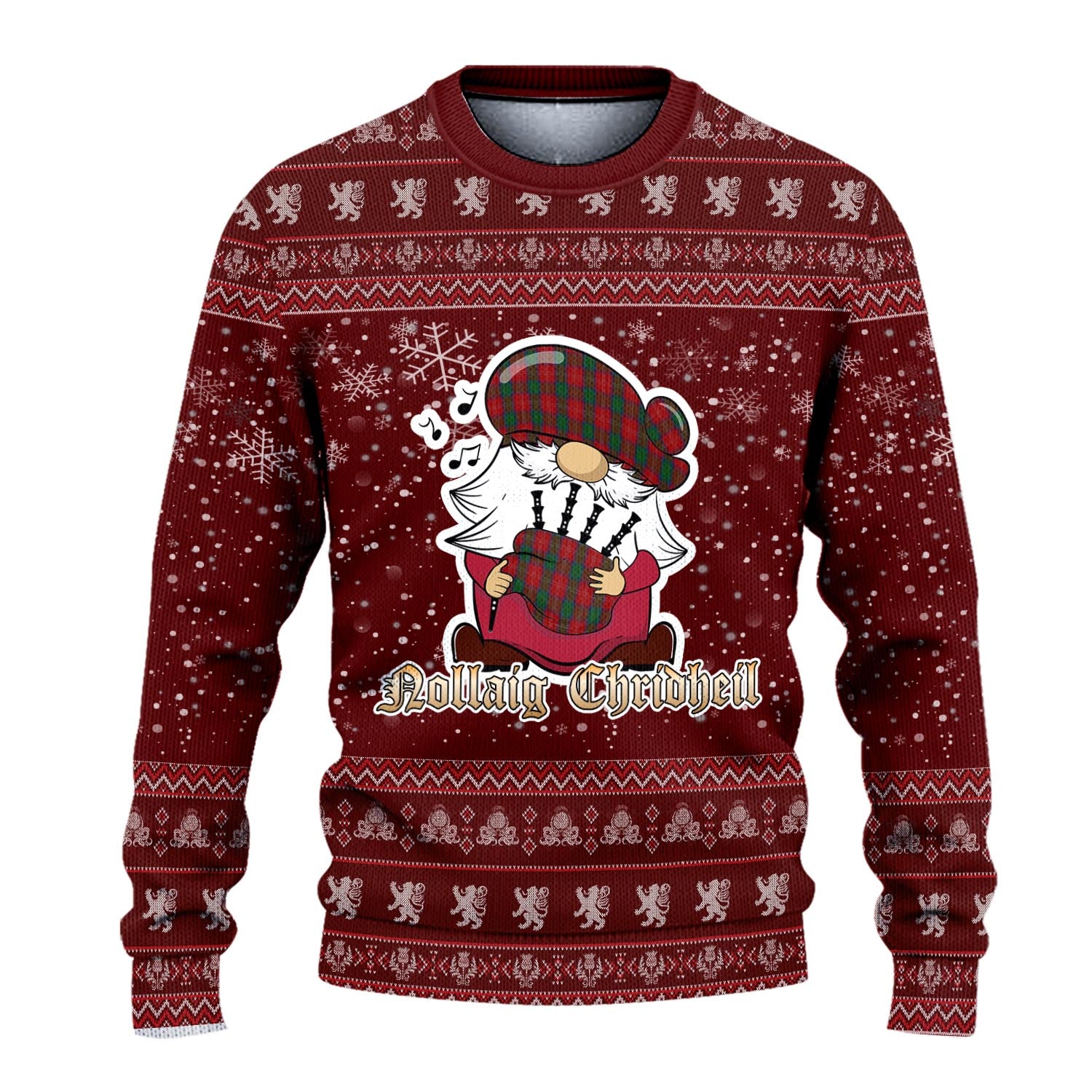 Chisholm Clan Christmas Family Knitted Sweater with Funny Gnome Playing Bagpipes - Tartanvibesclothing