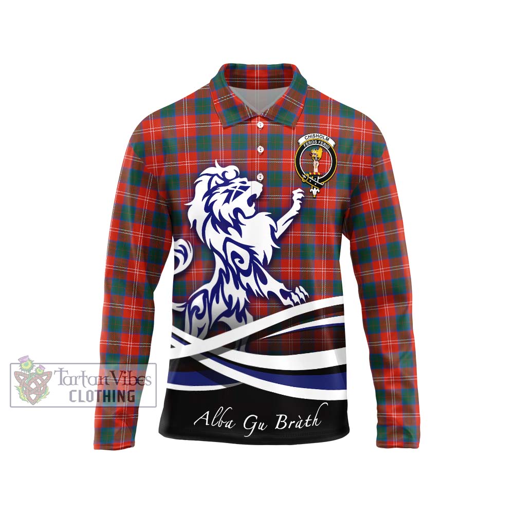 Chisholm Ancient Tartan Long Sleeve Polo Shirt with Alba Gu Brath Regal Lion Emblem Unisex - Tartanvibesclothing Shop