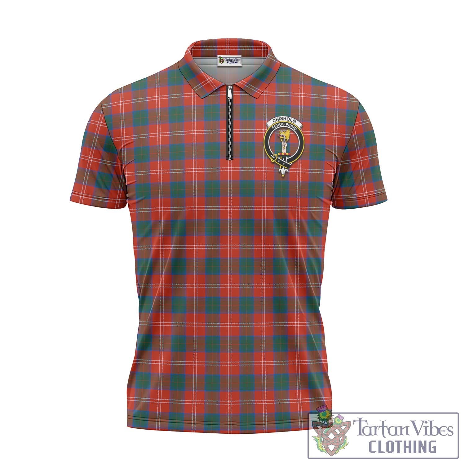 Tartan Vibes Clothing Chisholm Ancient Tartan Zipper Polo Shirt with Family Crest