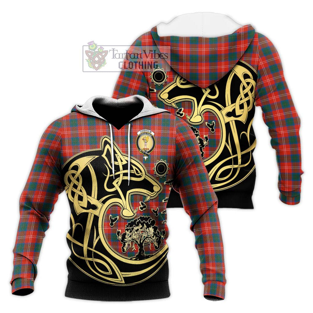 Chisholm Ancient Tartan Knitted Hoodie with Family Crest Celtic Wolf Style Unisex Knitted Pullover Hoodie - Tartan Vibes Clothing