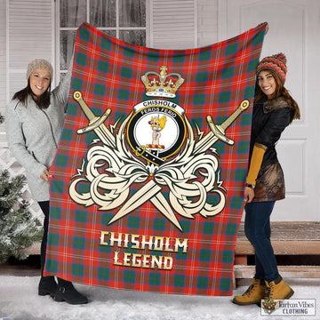 Chisholm Ancient Tartan Blanket with Clan Crest and the Golden Sword of Courageous Legacy