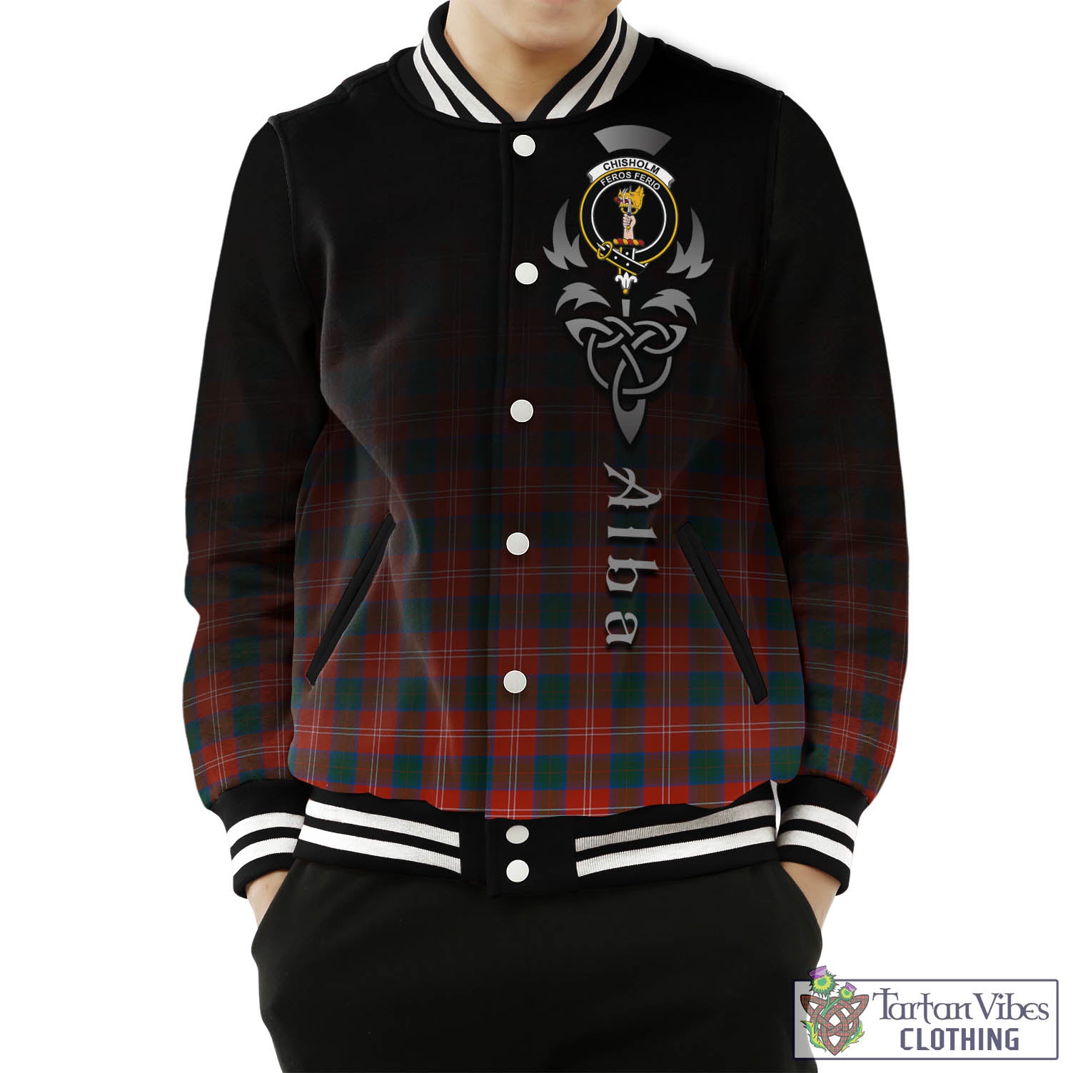 Tartan Vibes Clothing Chisholm Ancient Tartan Baseball Jacket Featuring Alba Gu Brath Family Crest Celtic Inspired