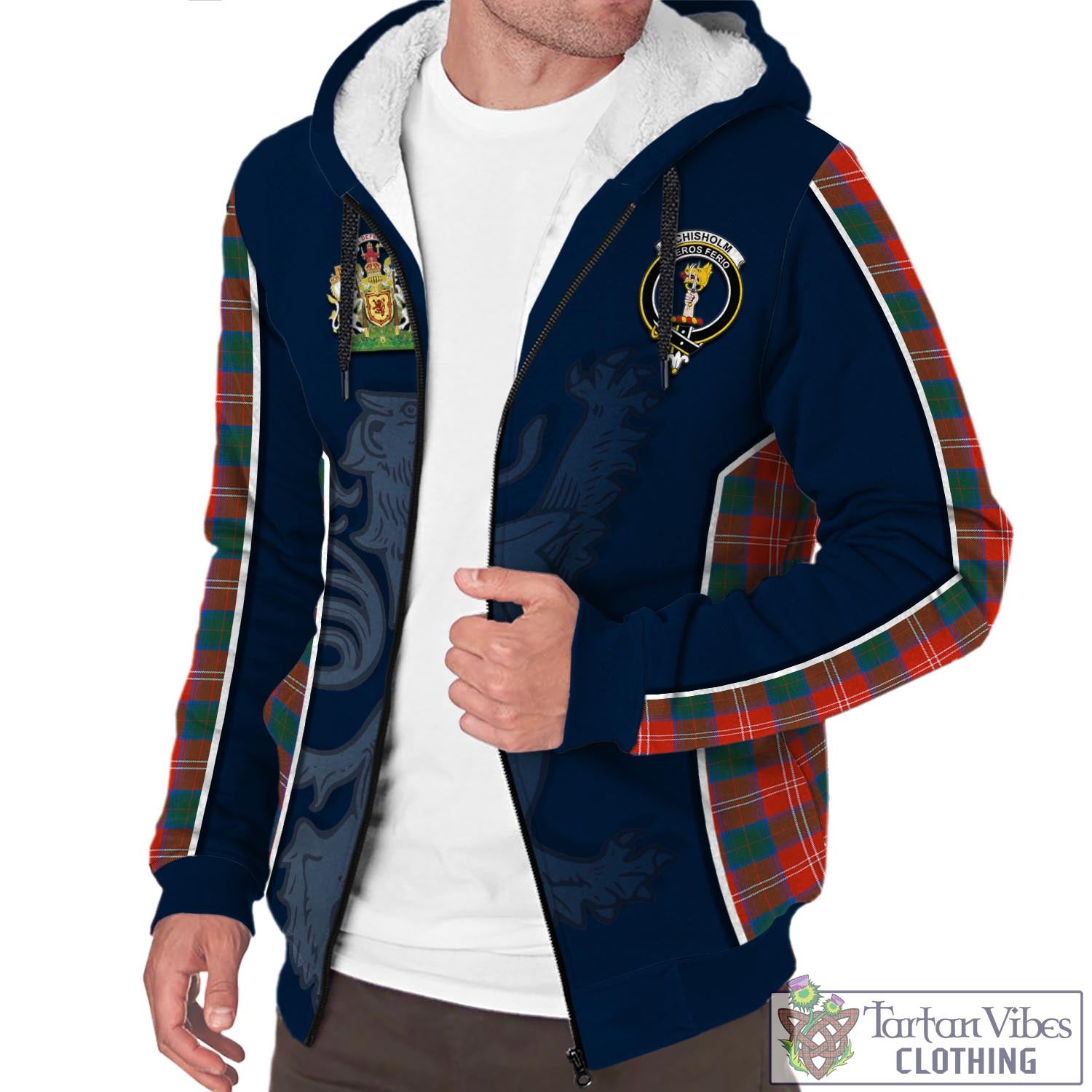 Tartan Vibes Clothing Chisholm Ancient Tartan Sherpa Hoodie with Family Crest and Lion Rampant Vibes Sport Style