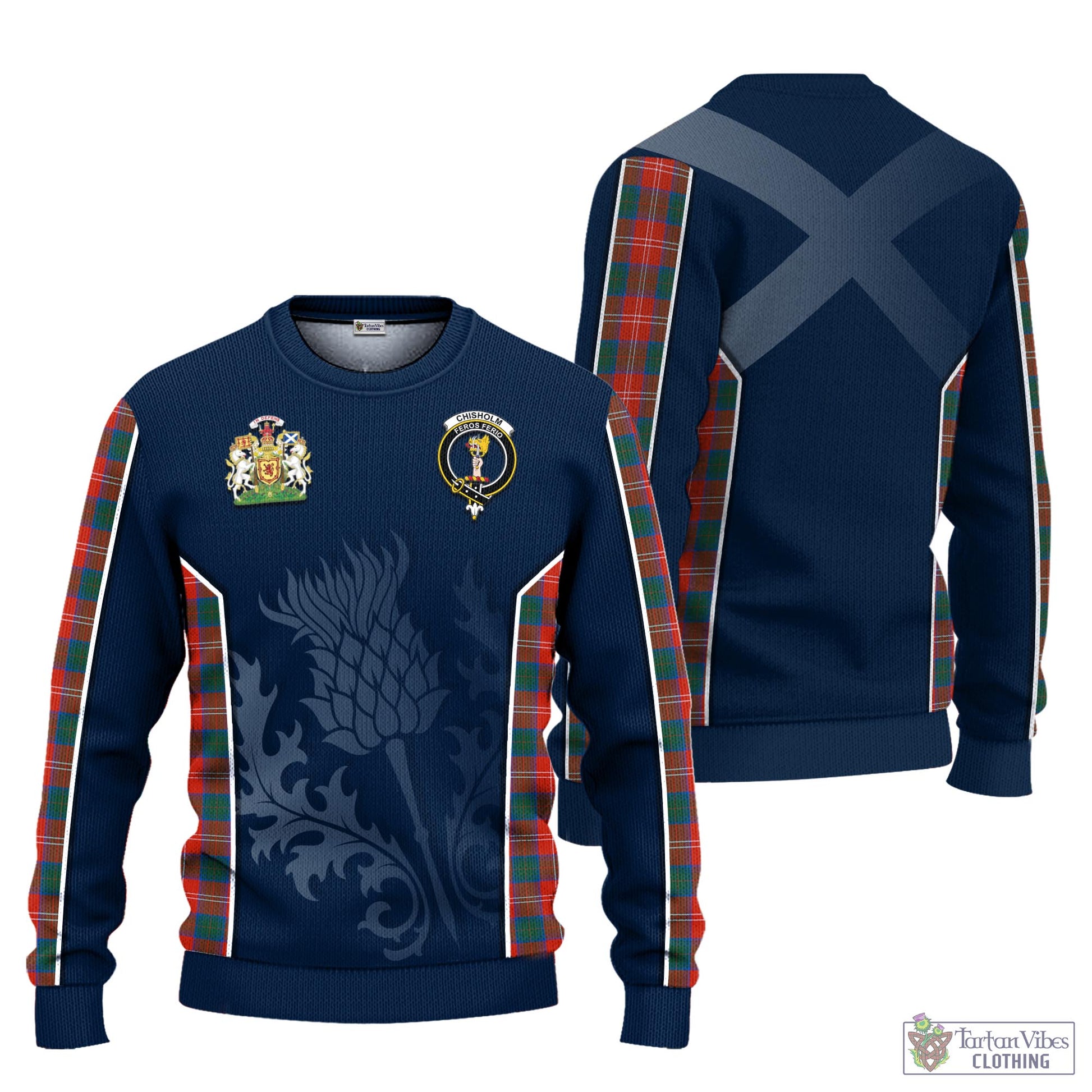 Tartan Vibes Clothing Chisholm Ancient Tartan Knitted Sweatshirt with Family Crest and Scottish Thistle Vibes Sport Style