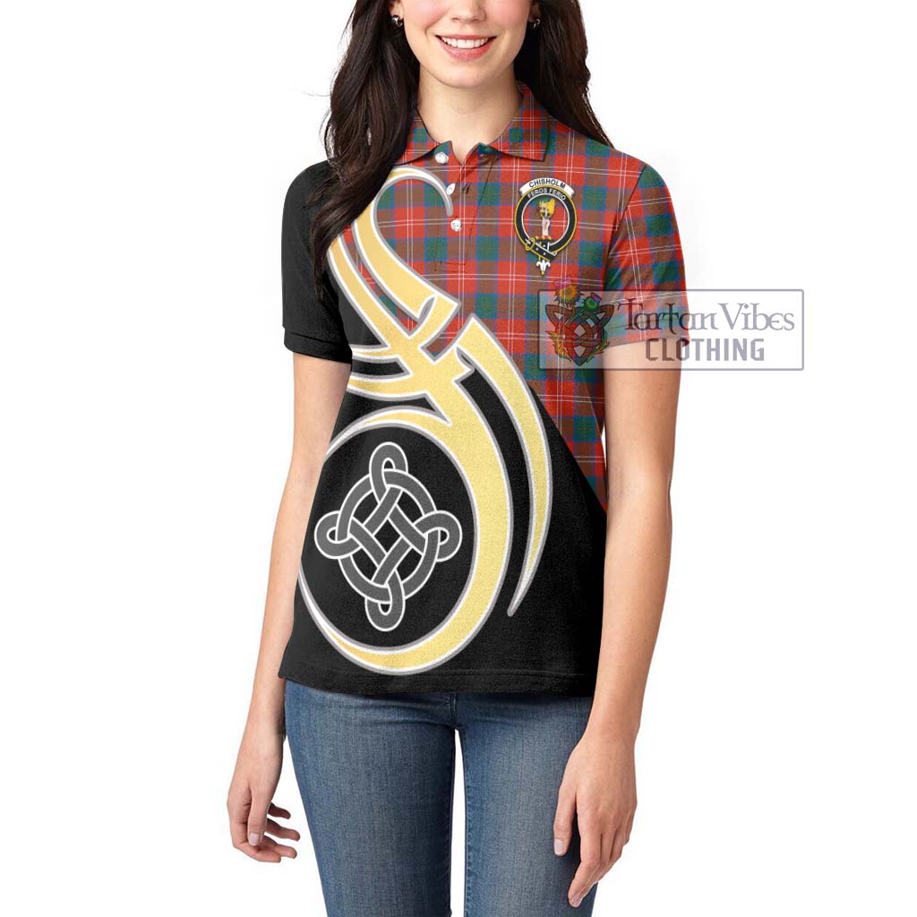 Chisholm Ancient Tartan Women's Polo Shirt with Family Crest and Celtic Symbol Style Women - Tartan Vibes Clothing