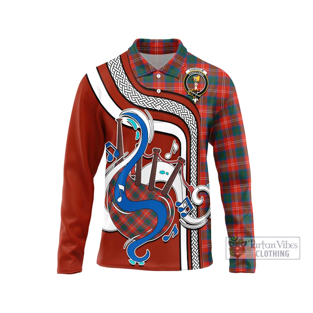 Tartan Vibes Clothing Chisholm Ancient Tartan Long Sleeve Polo Shirt with Epic Bagpipe Style