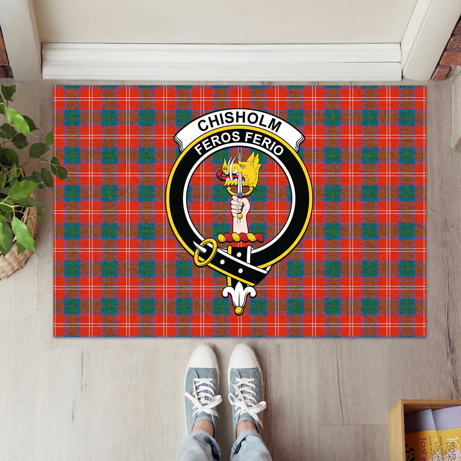 Chisholm Ancient Tartan Door Mat with Family Crest - Tartanvibesclothing