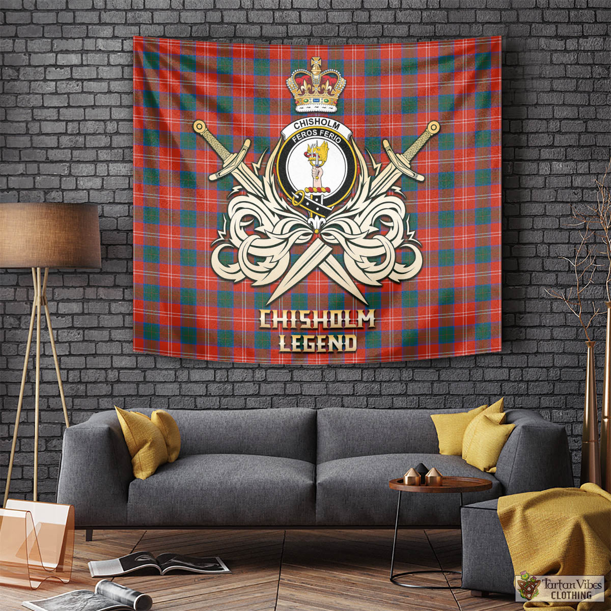 Tartan Vibes Clothing Chisholm Ancient Tartan Tapestry with Clan Crest and the Golden Sword of Courageous Legacy