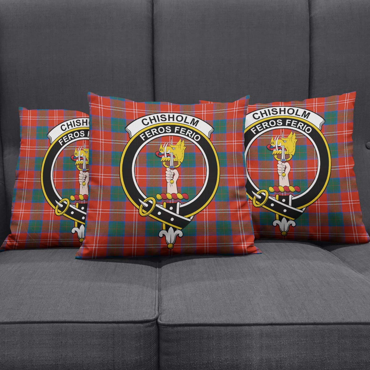 Chisholm Ancient Tartan Pillow Cover with Family Crest Square Pillow Cover - Tartanvibesclothing