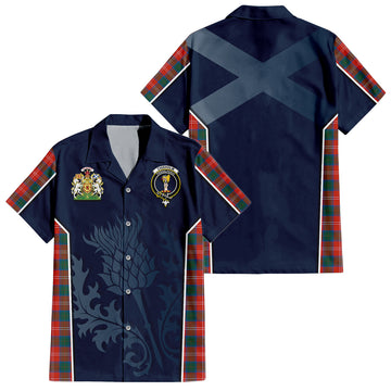 Chisholm Ancient Tartan Short Sleeve Button Up Shirt with Family Crest and Scottish Thistle Vibes Sport Style