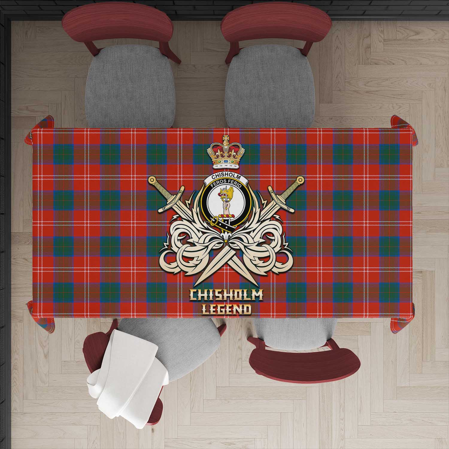 Tartan Vibes Clothing Chisholm Ancient Tartan Tablecloth with Clan Crest and the Golden Sword of Courageous Legacy