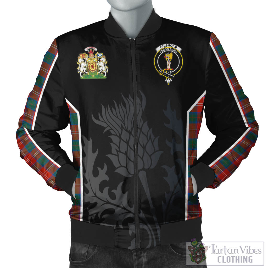 Tartan Vibes Clothing Chisholm Ancient Tartan Bomber Jacket with Family Crest and Scottish Thistle Vibes Sport Style