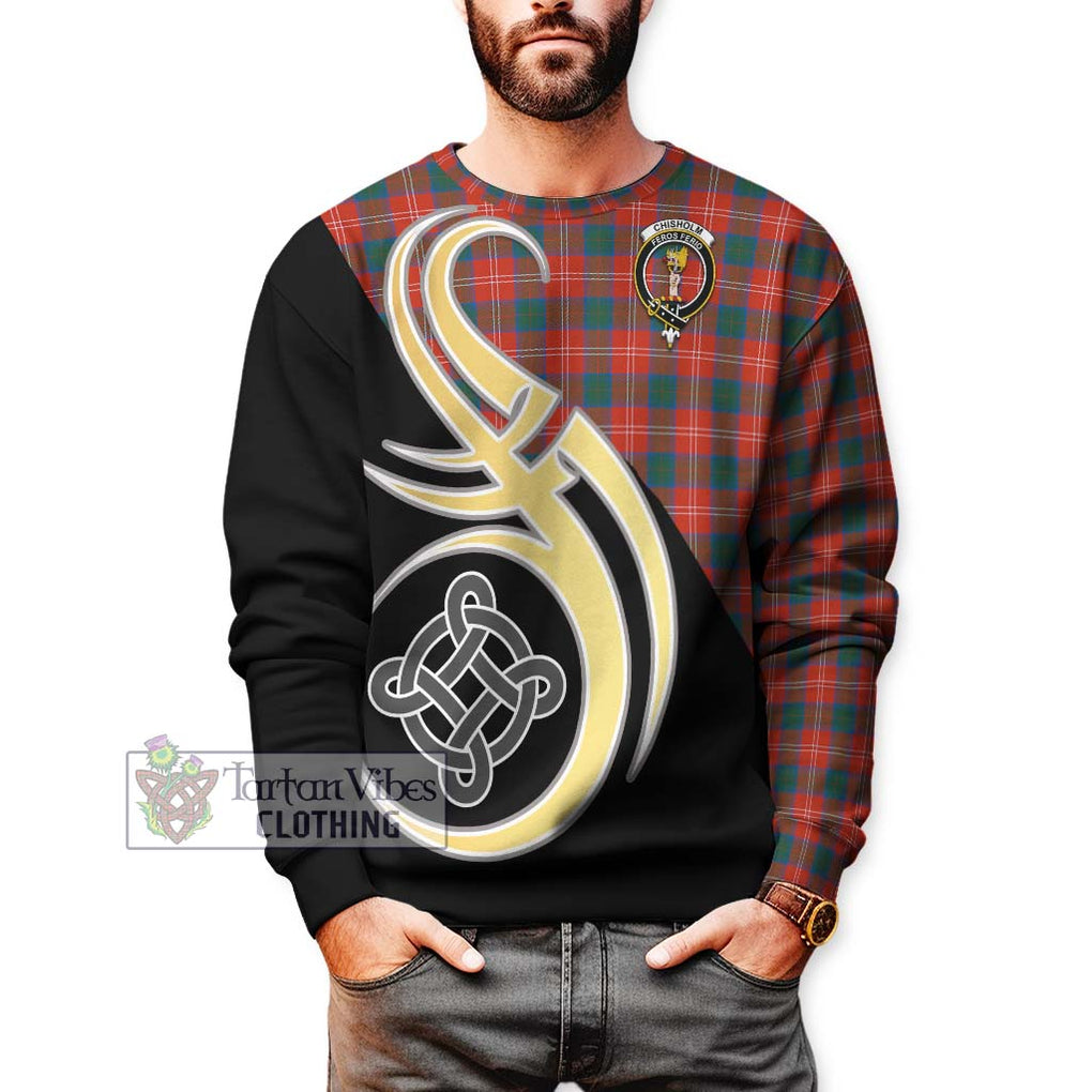 Chisholm Ancient Tartan Sweatshirt with Family Crest and Celtic Symbol Style Unisex - Tartan Vibes Clothing